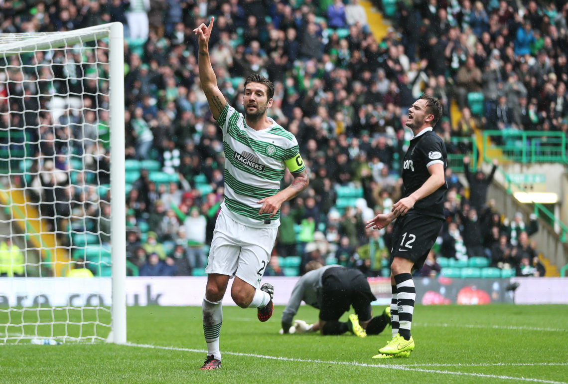Charlie Mulgrew of Celtic celebrates after he scores during the Scottish Premiership League Match between Celtic and Dundee United, at Celtic Park ...