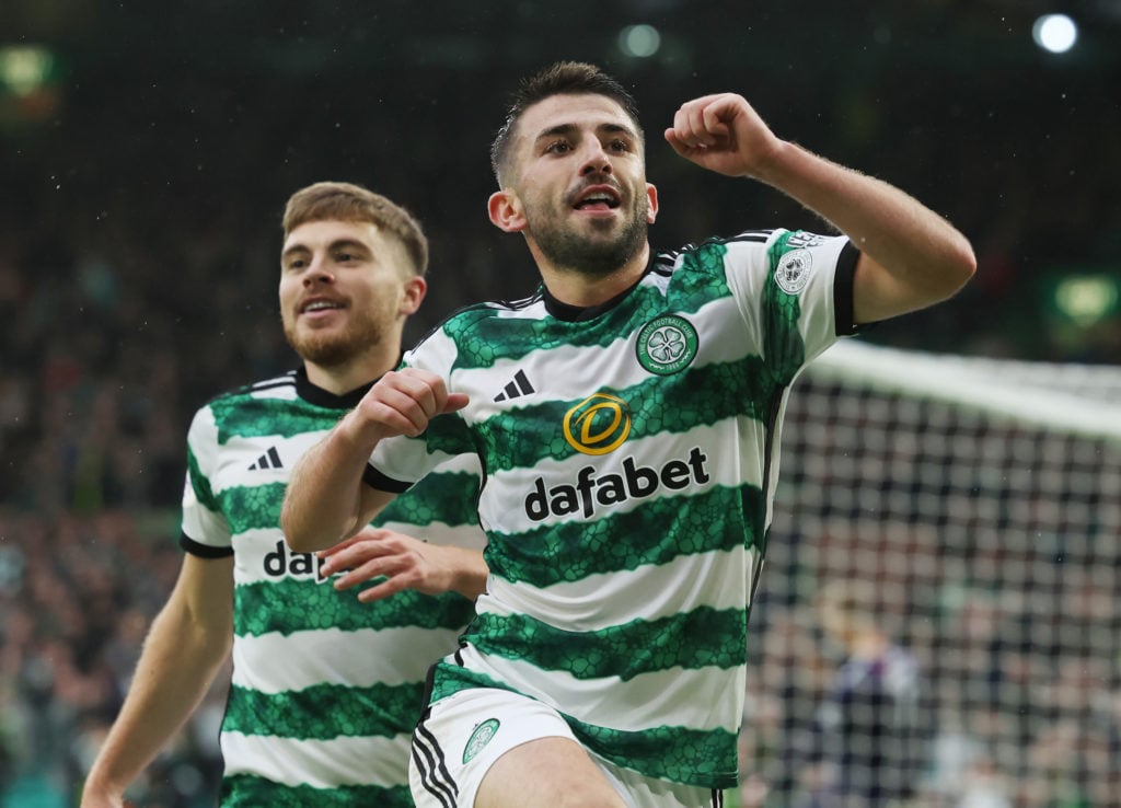 Greg Taylor of Celtic celebrates after he scores his team's  third goal during the Cinch Scottish Premiership match between Celtic FC and Kilmarnoc...