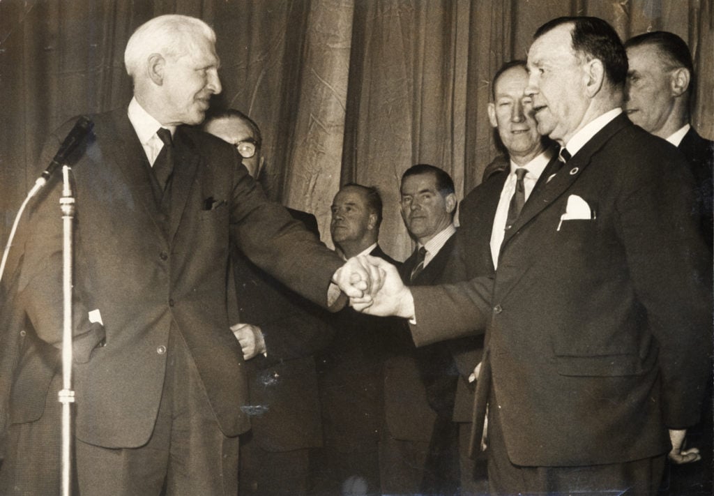 Celtic chairman Bob Kelly shakes the hand of Jimmy McGrory