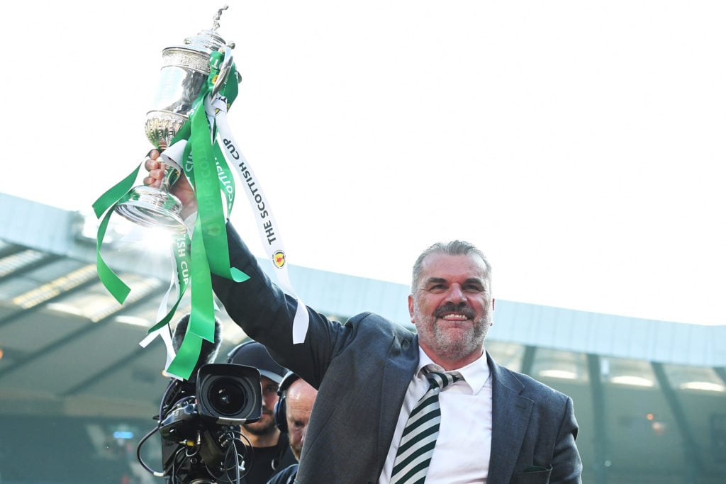 Angelos Postecoglou, Manager of Celtic lifts the Scottish Cup trophy after the team's victory during the Scottish Cup Final between Celtic and Inve...