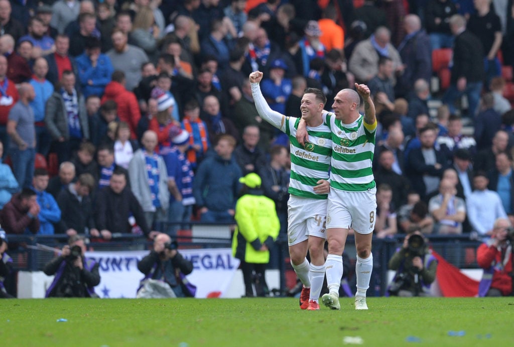 Callum McGregor of Celtic celebrates with team mate Scott Brown after scoring his sides second goal during the Scottish Cup Semi Final match betwee...