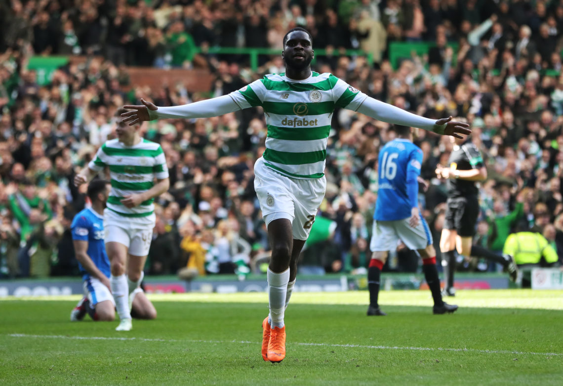 Odsonne Edouard of Celtic celebrates after he scores his team's second goal during the Scottish Premier League match between Celtic and Rangers at ...