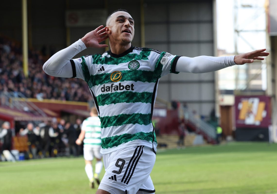 Adan Idah of Celtic celebrates after he scores his team's second goal during the Cinch Scottish Premiership match between Motherwell FC and Celtic ...