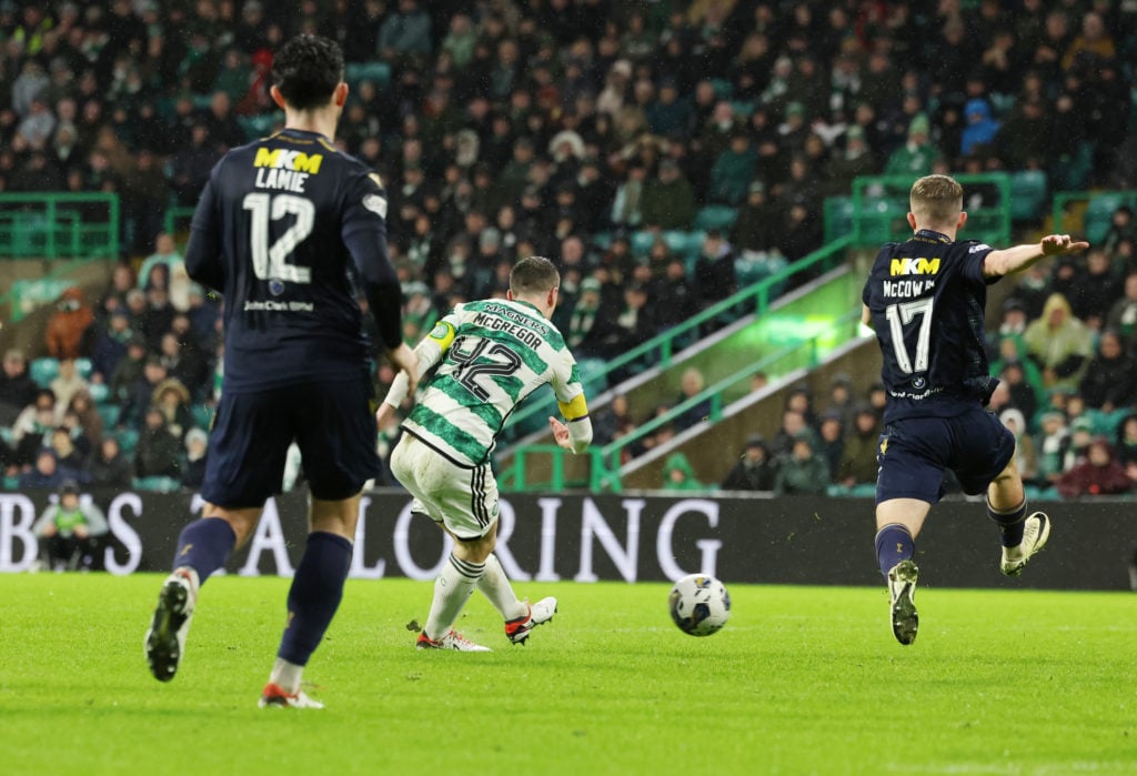 Calum McGregor of Celtic scores his team's sixth goal during the Cinch Scottish Premiership match between Celtic FC and Dundee FC at Celtic Park St...