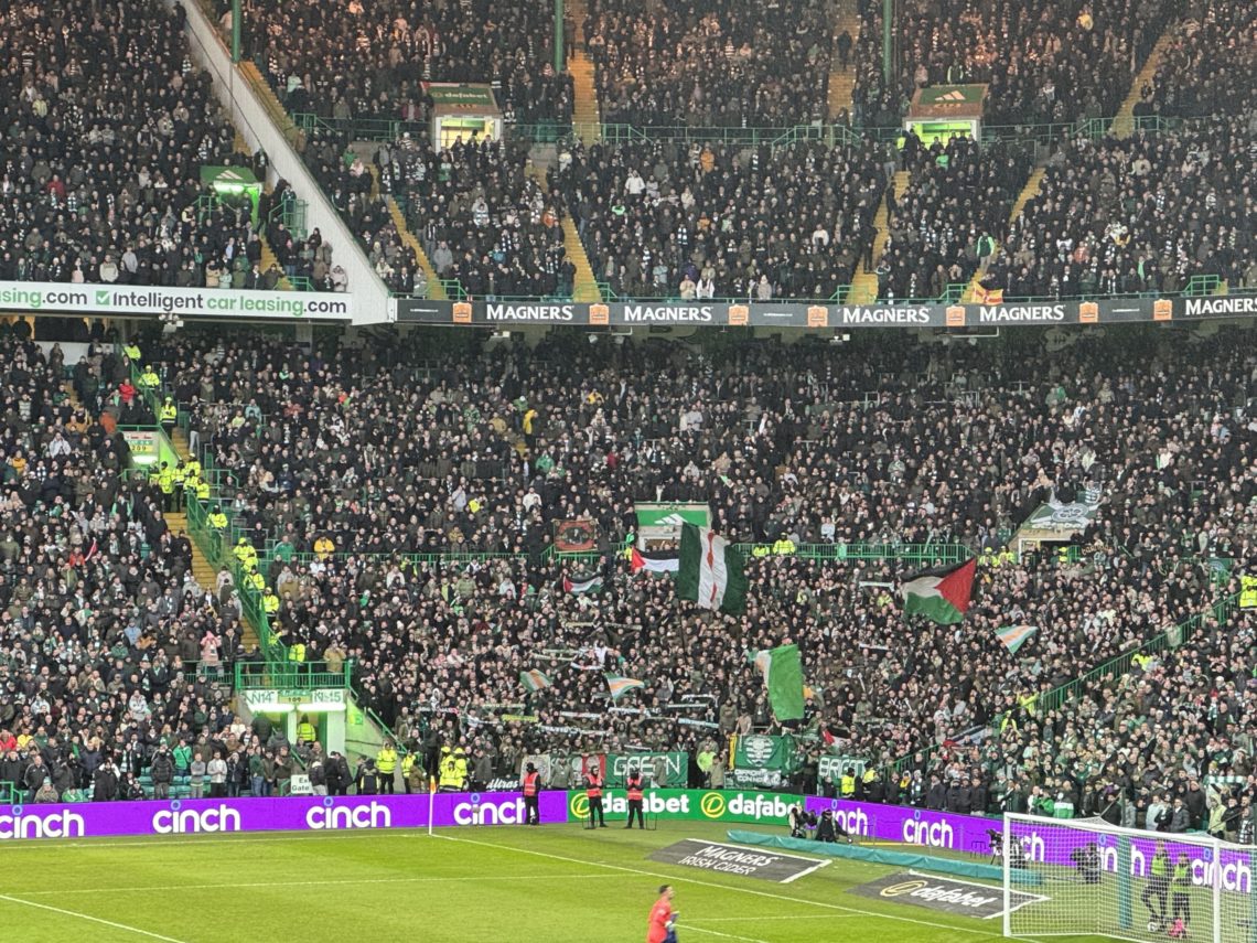 Fans of Celtic FC wave Palestinian flag to show solidarity with Palestinians during the Scottish Premiership 'Old Firm' derby football match betwee...