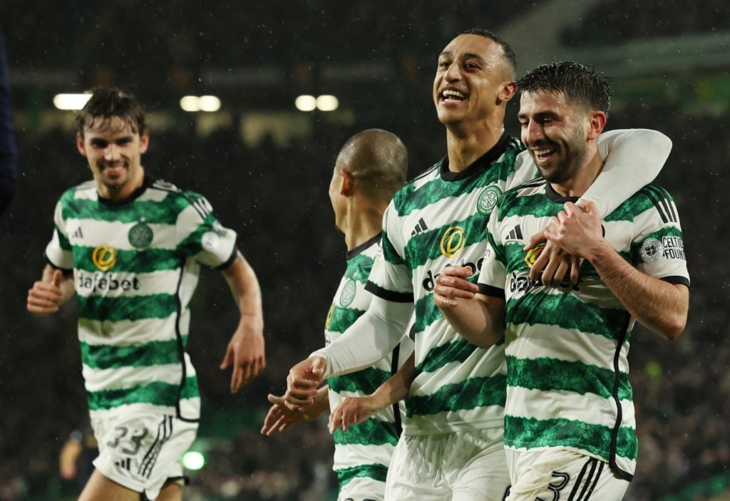 Greg Taylor of Celtic celebrates after he scores his team's fifth during the Cinch Scottish Premiership match between Celtic FC and Dundee FC at Ce...