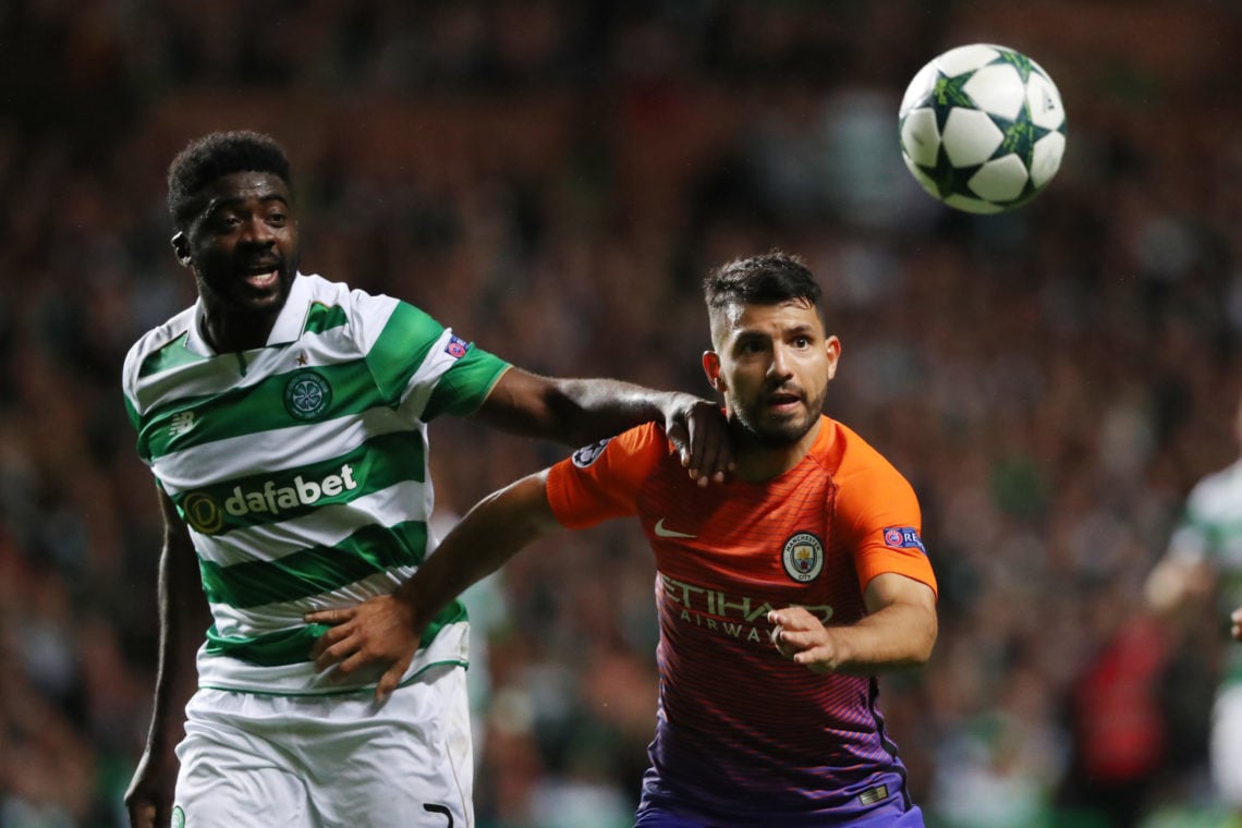 Kolo Toure of Celtic and Sergio Aguero of Manchester City during the UEFA Champions League match between Celtic and Manchester City at Celtic Park ...
