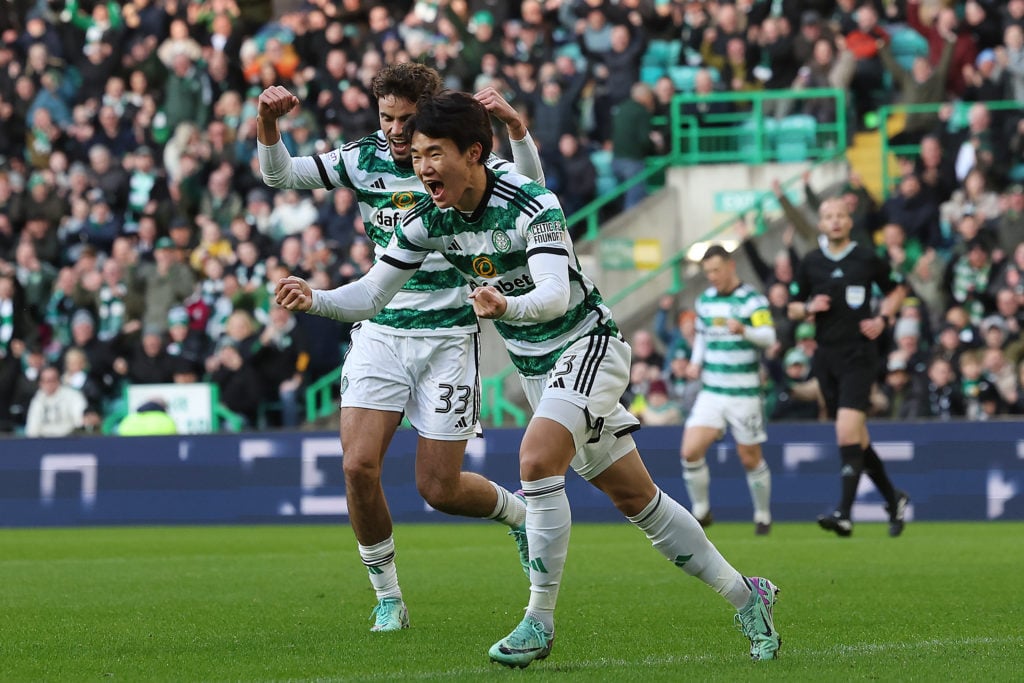 Hyunjun Yang of Celtic celebrates after he scores the opening goal during the Cinch Scottish Premiership match between Celtic FC and Aberdeen at Ce...