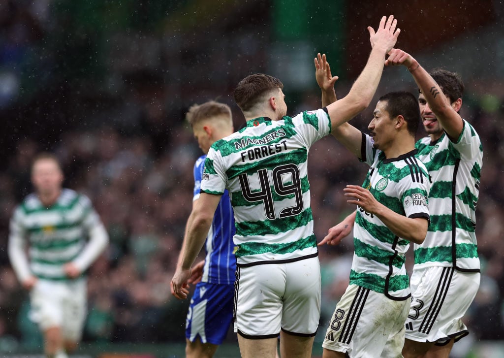 James Forrest of Celtic celebrates after he scores his team's third goal during the Cinch Scottish Premiership match between Celtic FC and St. John...