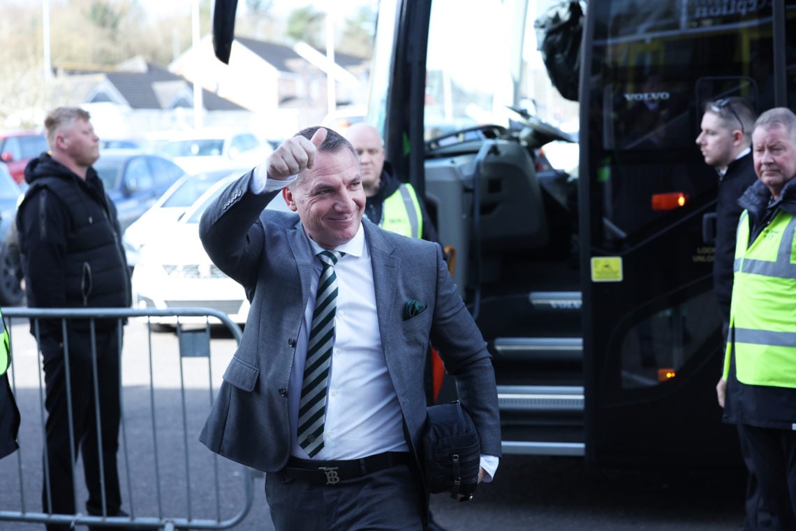 Celtic manager Brendan Rodgers arrives prior to the Cinch Scottish Premiership match between Livingston FC and Celtic FC at Tony Macaroni Arena on ...