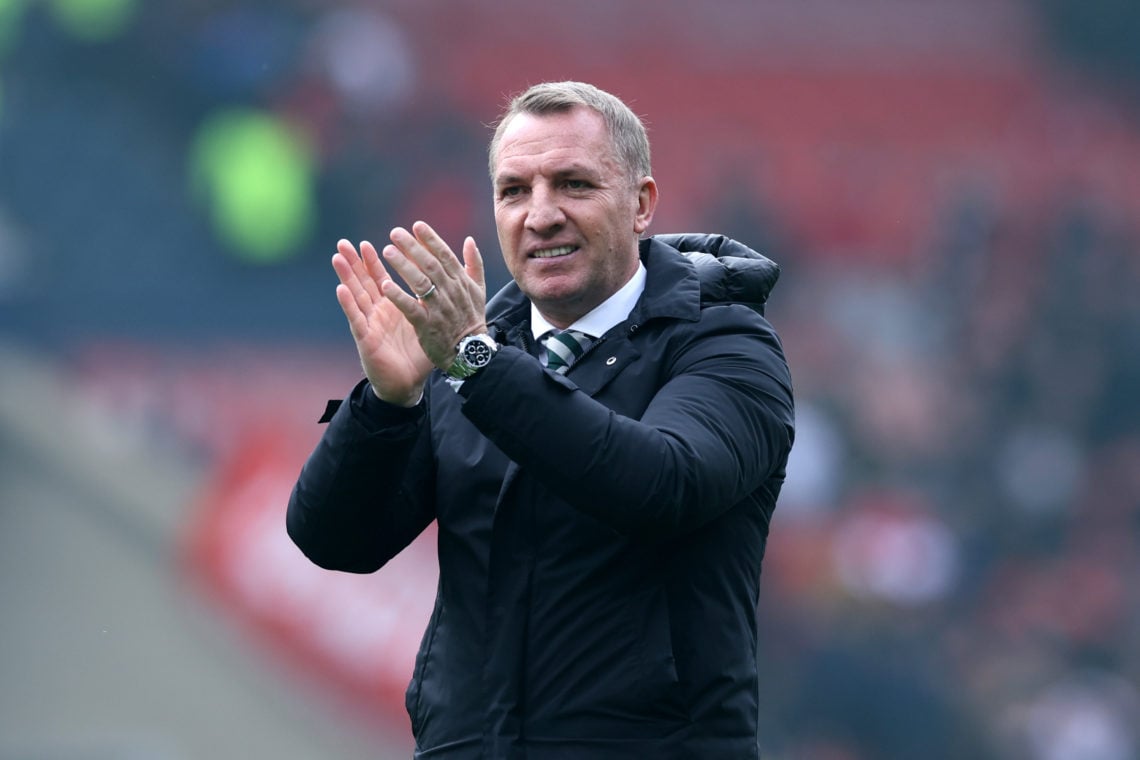 Brendan Rodgers, Manager of Celtic, applauds the fans after the team's victory in the penalty shoot out during the Scottish Cup Semi Final match be...