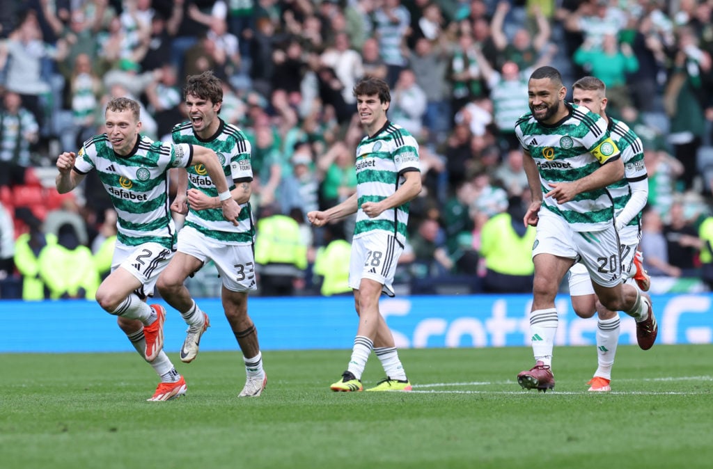 Cameron Carter-Vickers of Celtic leads the celebrations as Celtic win a penalty shoot out during the Aberdeen v Celtic - Scottish Cup Semi Final at...