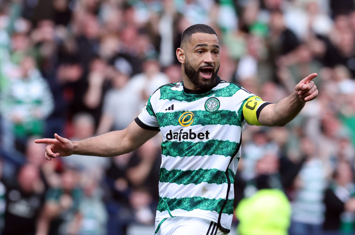 Cameron Carter-Vickers of Celtic leads the celebrations as Celtic win a penalty shoot out during the Aberdeen v Celtic - Scottish Cup Semi Final at...