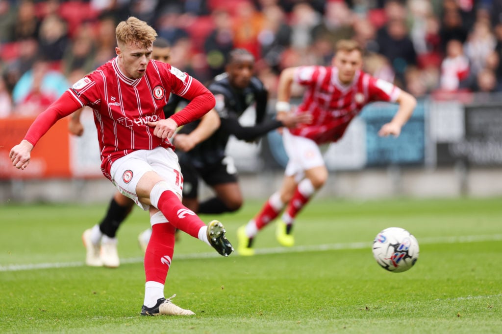 Tommy Conway of Bristol City scores the opening goal from the penalty spot during the Sky Bet Championship match between Bristol City and Rotherham...