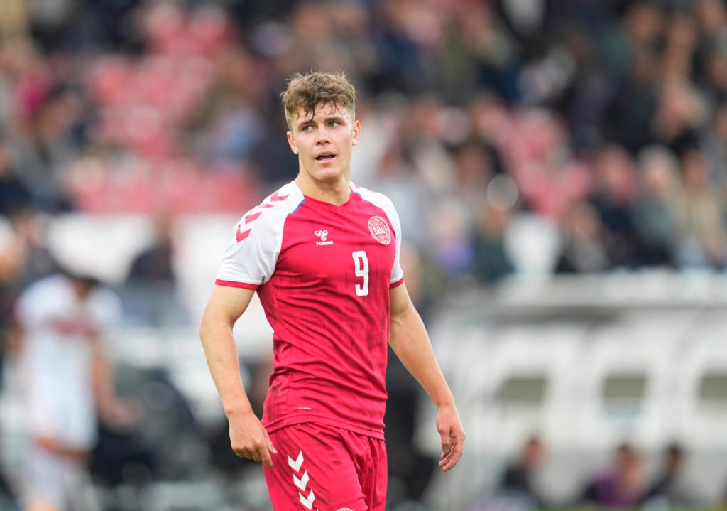 Mathias Kvistgaarden of Denmark during the UEFA EURO U21 Qualifying match between Denmark vs Turkey at Vejle Stadium on June 14, 2022 in...