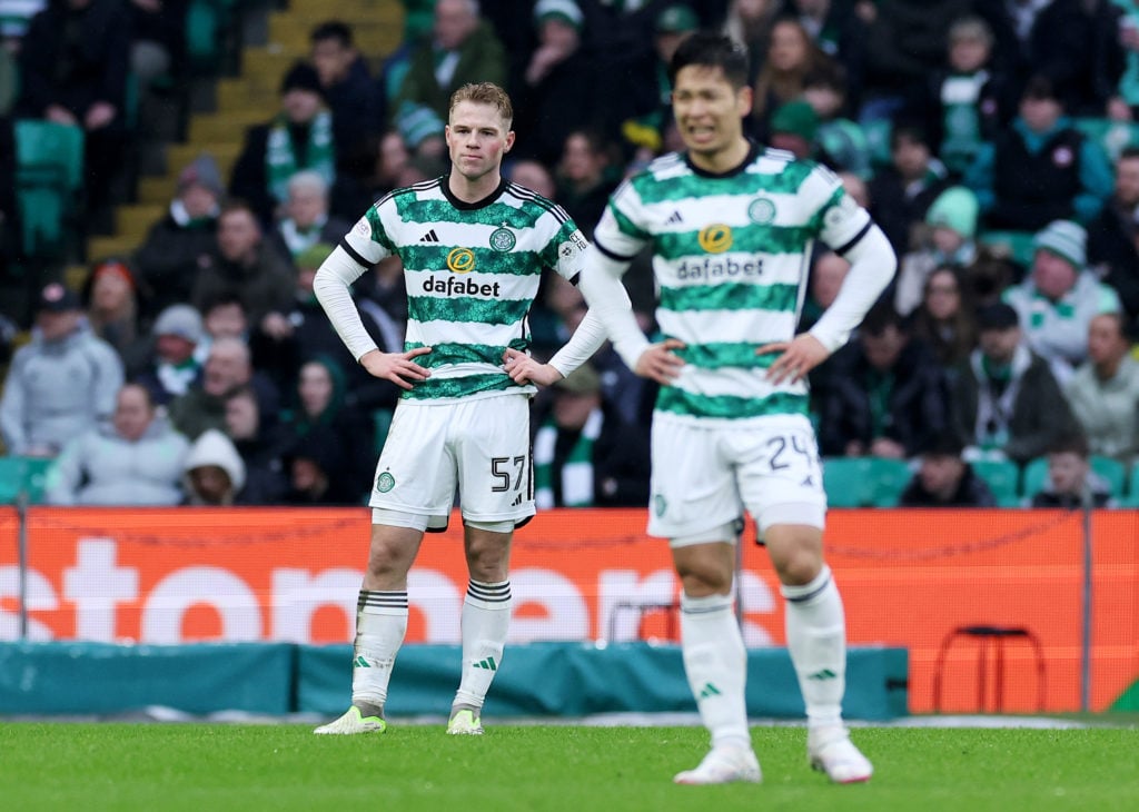 Stephen Welsh of Celtic looks dejected after Tete Yengi of Livingston (not pictured) scores his team's second goal during the Scottish Cup Quarter ...