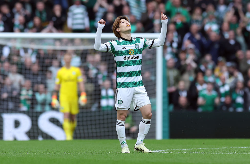 Kyogo Furuhashi of Celtic celebrates scoring his team's opening goal during the Cinch Scottish Premiership match between Celtic FC and Heart of Mid...