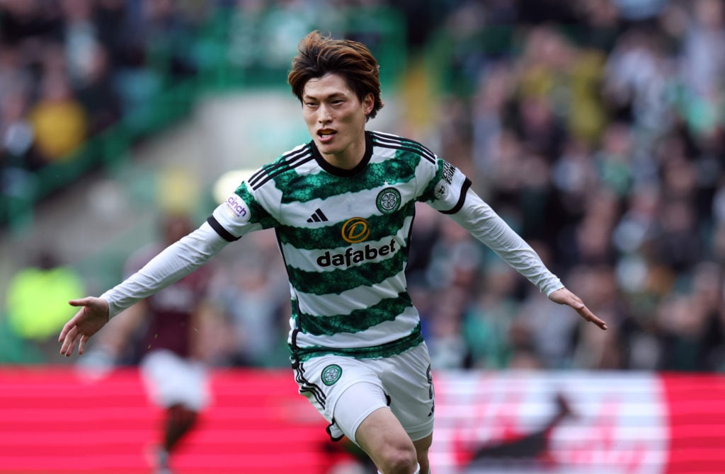 Kyogo Furuhashi of Celtic celebrates scoring his team's second goal during the Cinch Scottish Premiership match between Celtic FC and Heart of Midl...