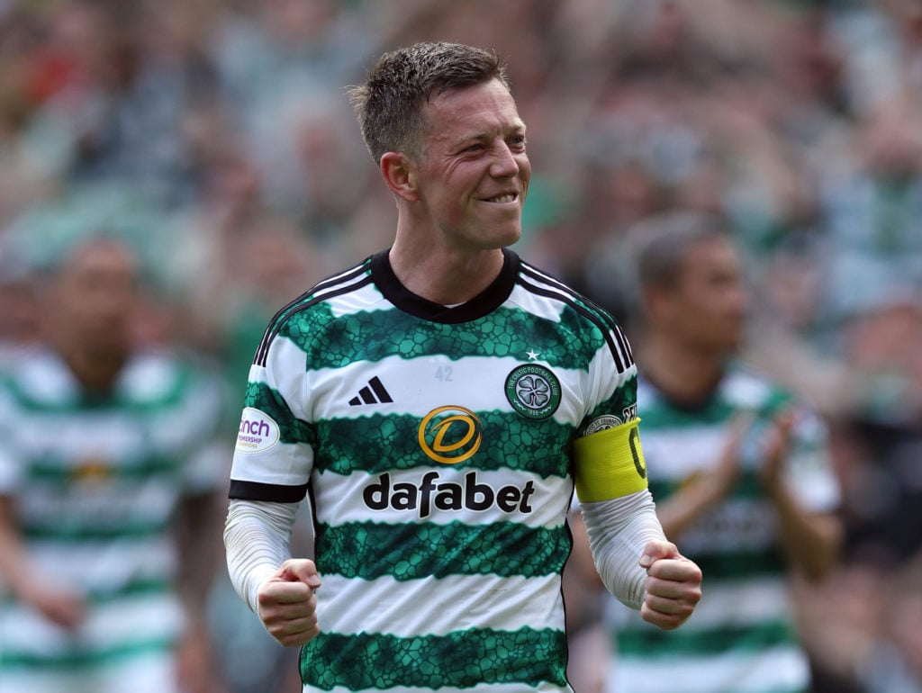 Celtic captain Callum McGregor celebrates at full time during the Cinch Scottish Premiership match between Celtic FC and Rangers FC at Celtic Park ...