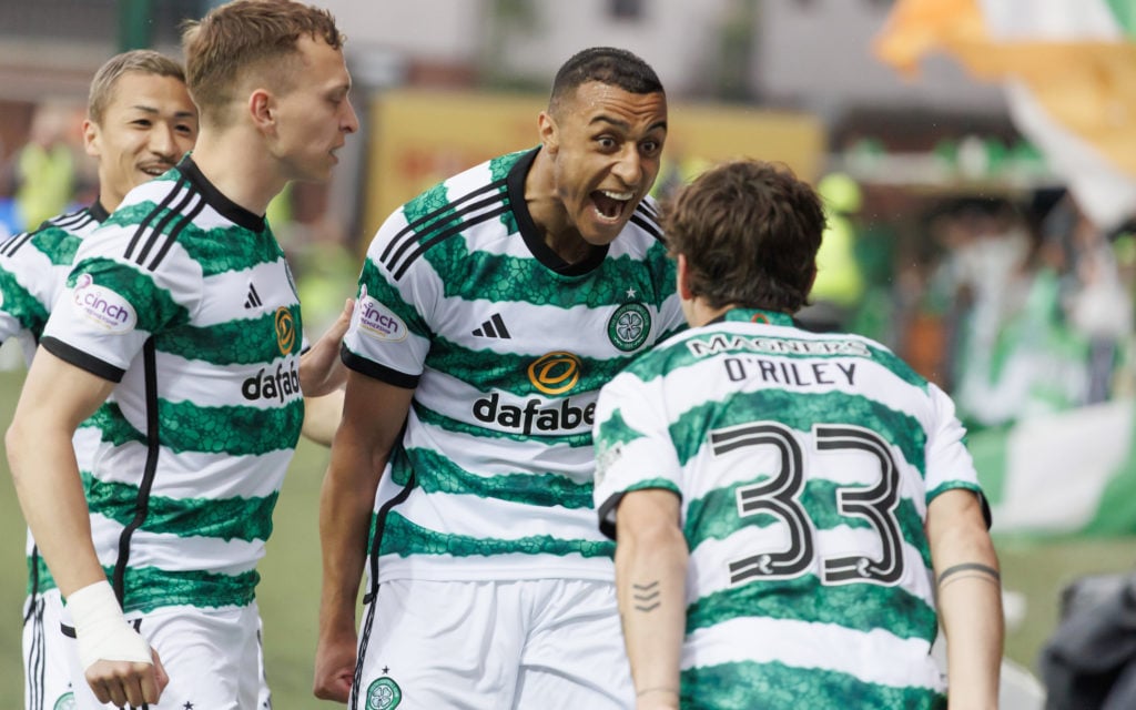 Adam Idah of Celtic celebrates the opening goal during the Cinch Scottish Premiership match between Kilmarnock FC and Celtic FC at Rugby Park on Ma...