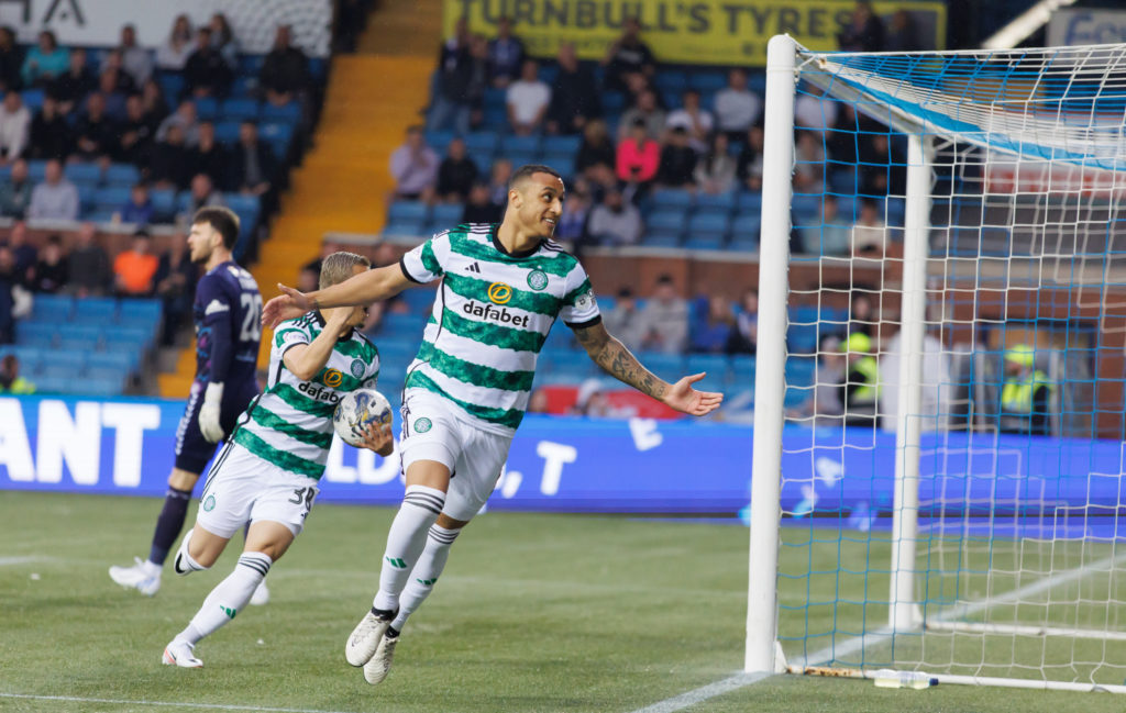Adam Idah of Celtic scores the opening goal during the Cinch Scottish Premiership match between Kilmarnock FC and Celtic FC at Rugby Park on May 15...