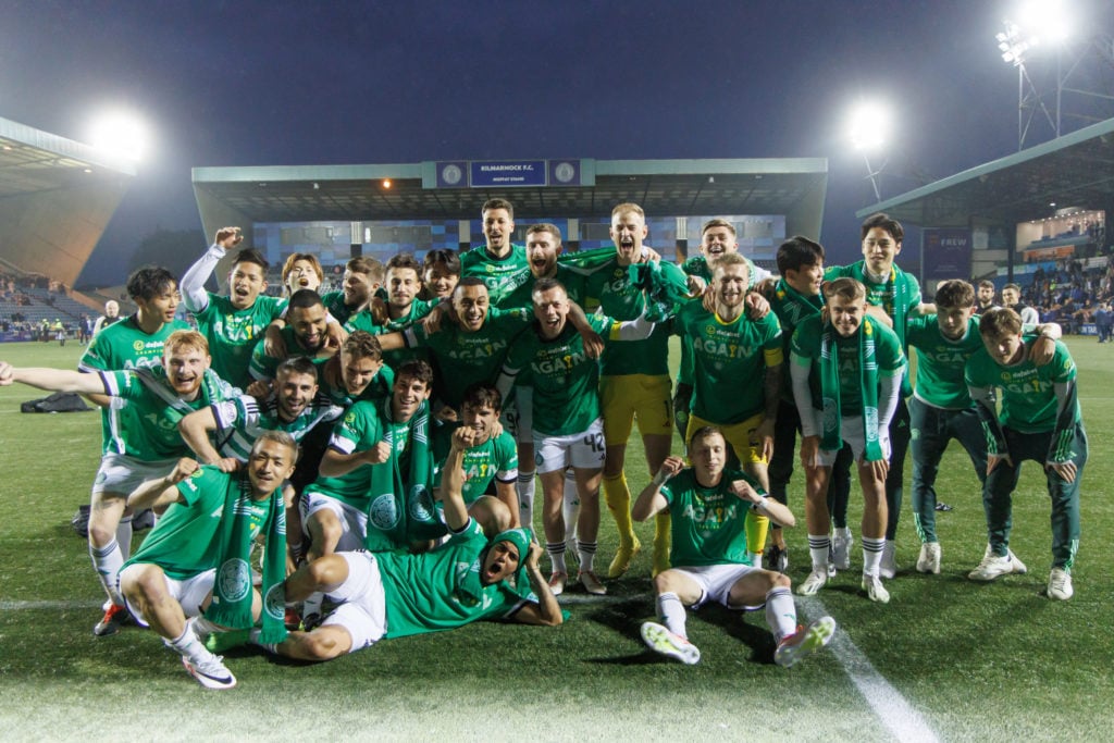 Celtic celebrate after the Cinch Scottish Premiership match between Kilmarnock FC v Celtic FC at Rugby Park on May 15, 2024 in Kilmarnock, United K...