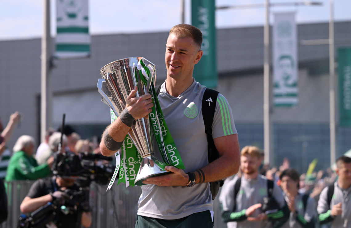 Joe Hart of Celtic arrives at the stadium whilst holding the Cinch Scottish Premiership trophy prior to the Cinch Scottish Premiership match betwee...