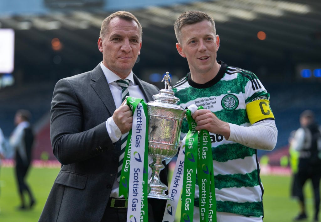 Celtic captain Callum McGregor and manager Brendan Rodgers with the trophy after the Scottish Gas Mens Scottish Cup Final between Celtic and Ranger...