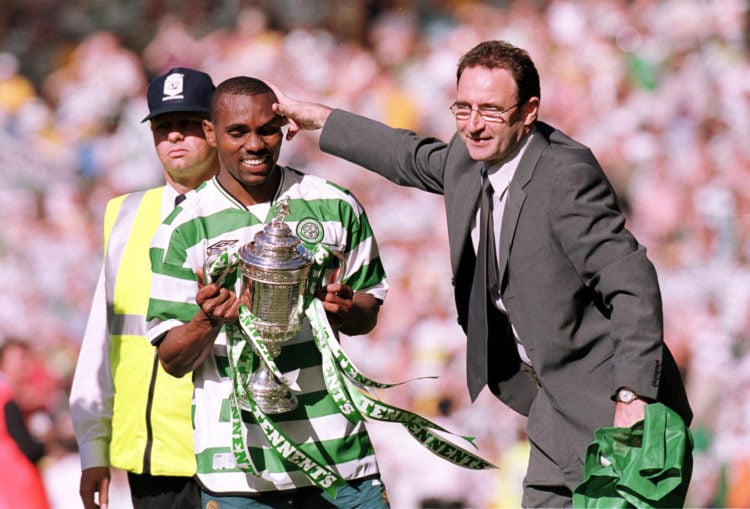 26 May 2001: Celtic manager Martin O''Neill celebrate winning the treble during the  Tennent's Scottish Cup Final between Celtic and Hibernian at H...