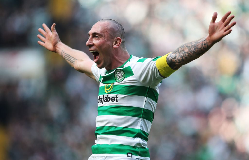 Scott Brown of Celtic celebrates at full time during The Ladbrokes Scottish Premier League match between Celtic and Rangers at Celtic Park on March...