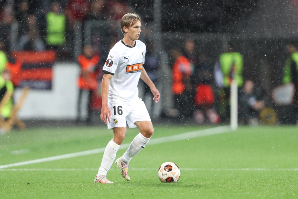 Pontus Dahbo of BK Haecken controls the ball during the UEFA Europa League 2023/24 group stage match between Bayer 04 Leverkusen and BK Häcken at B...