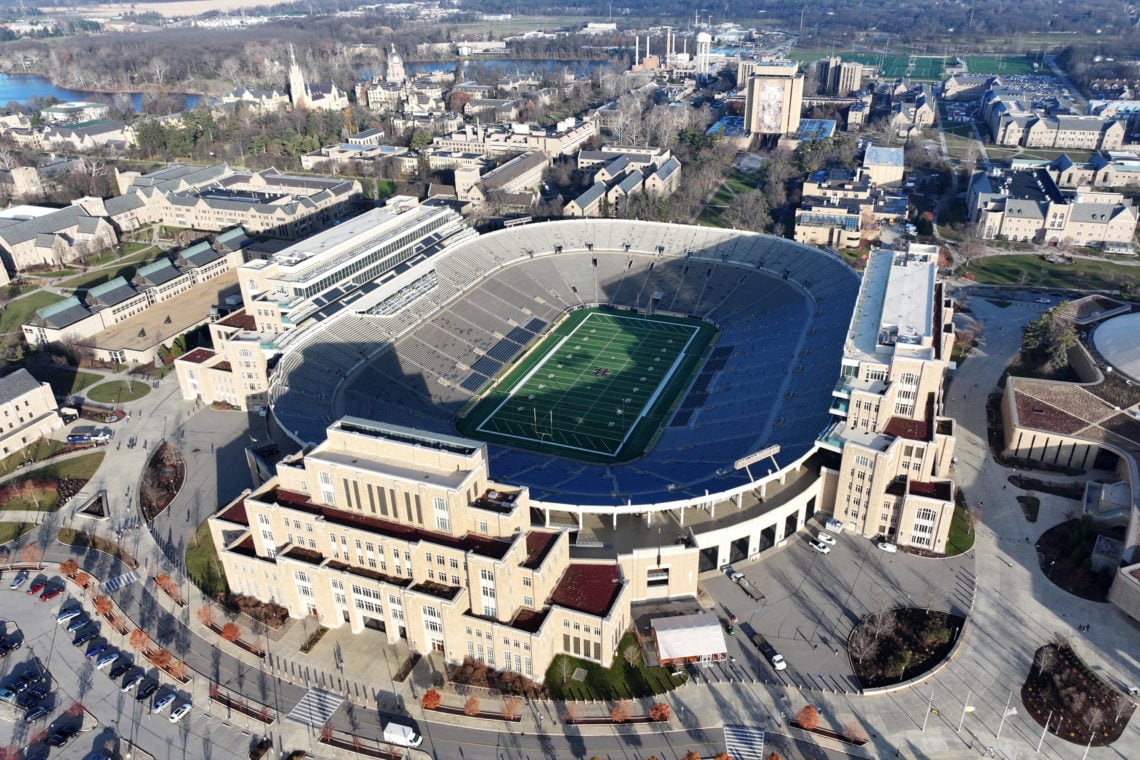 A general overall aerial view of Notre Dame Stadiumon December 07, 2023 in South Bend, Indiana.