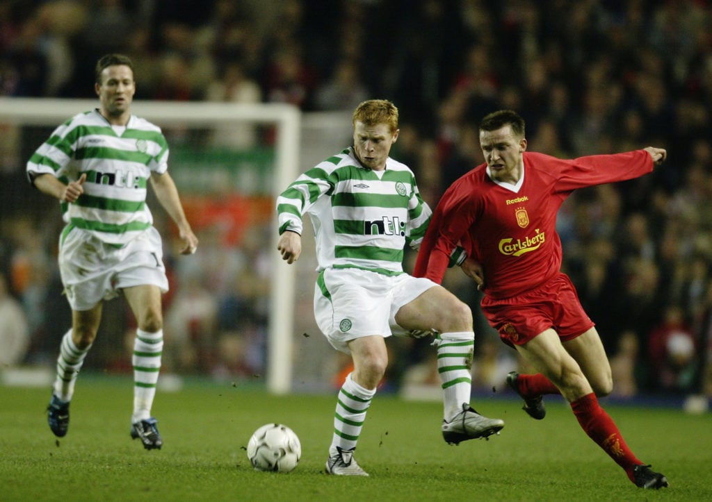 Neil Lennon of Celtic and Vladimir Smicer of Liverpool