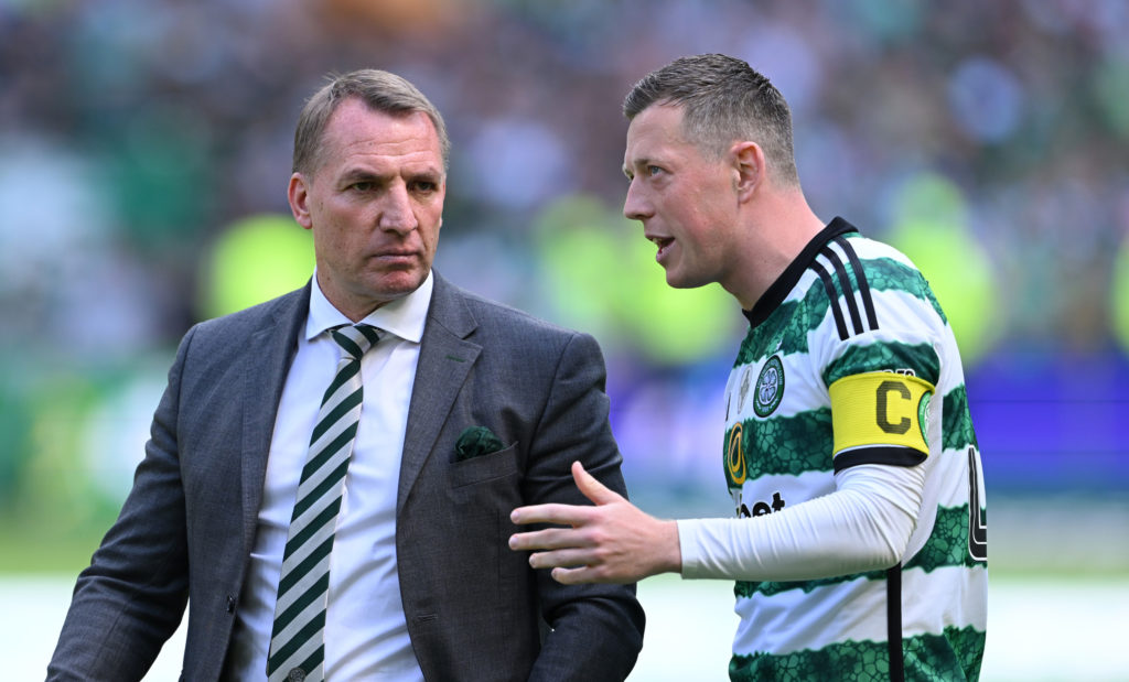 Celtic manager Brendan Rodgers with captain Callum McGregor after the Cinch Scottish Premiership match between Celtic FC v St Mirren at Celtic Park...