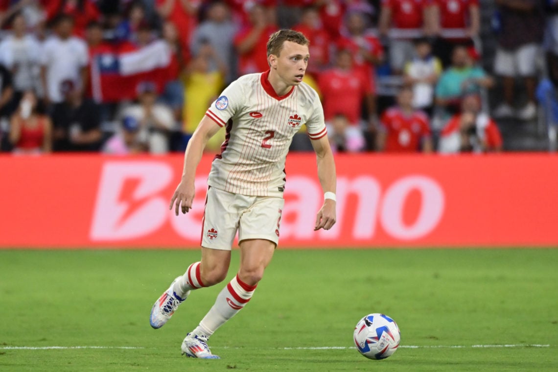 Alistair Johnston of Canada controls the ball during the CONMEBOL Copa America 2024 Group A match between Canada and Chile at Exploria Stadium on J...