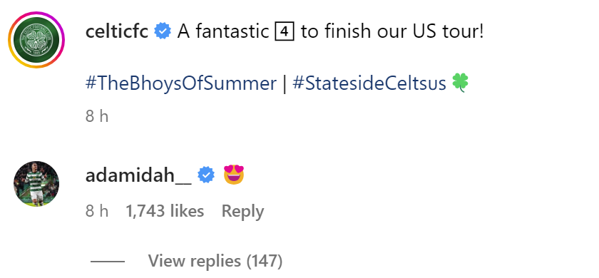 Adam Idah on Celtic Instagram