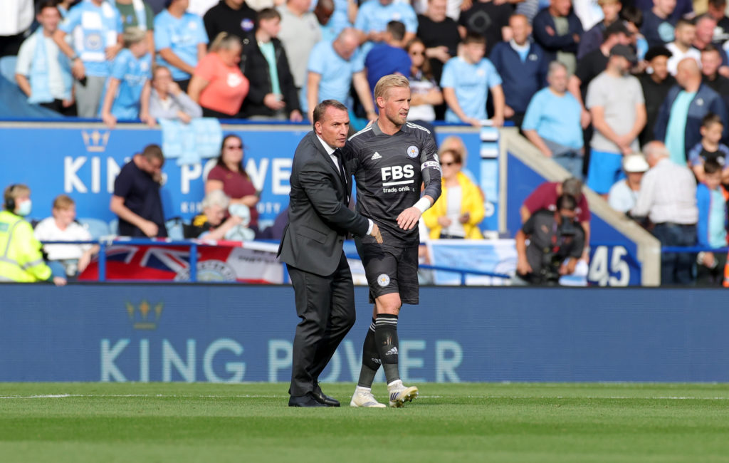 Leicester City Manager Brendan Rodgers with Kasper Schmeichel of Leicester City after the Premier League match between Leicester City and Mancheste...