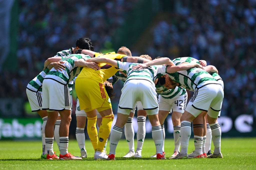 Players of Celtic form a huddle prior to the Cinch Scottish Premiership match between Celtic FC v St Mirren at Celtic Park Stadium on May 18, 2024 ...