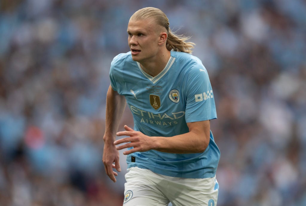 Manchester City striker Erling Haaland in action against Manchester United in the FA Cup final.