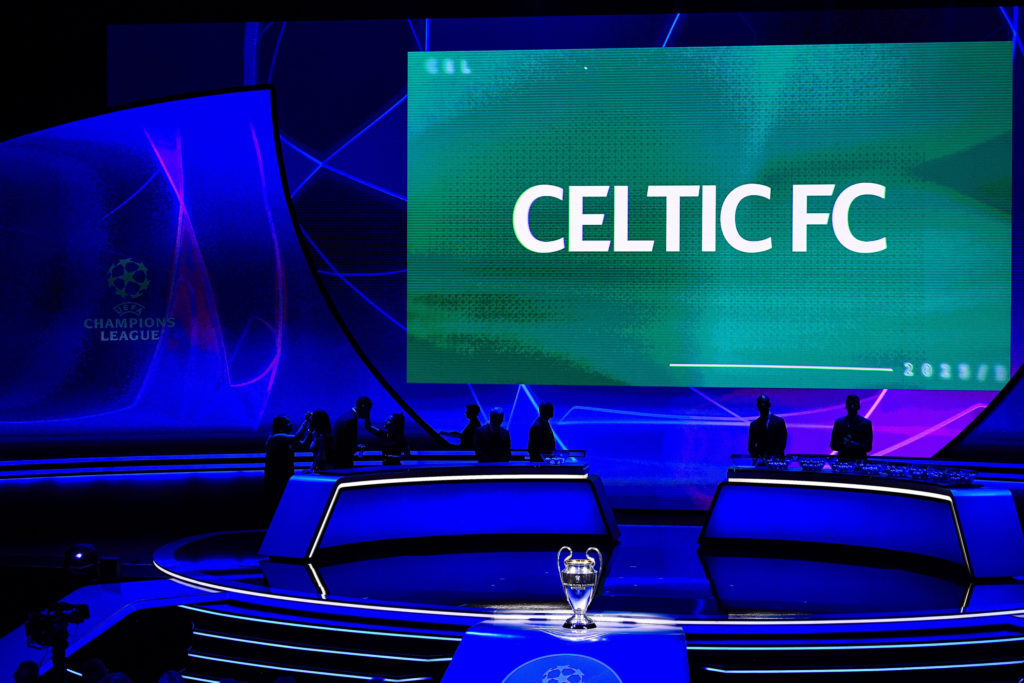 Celtic's name is displayed on a huge screen at the UEFA Champions League 2023/24 Group Stage Draw