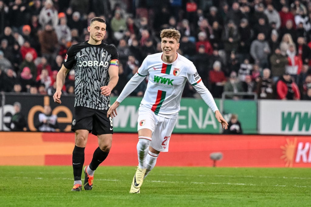 Arne Engels of FC Augsburg celebrates after scoring his team's second goal during the Bundesliga match between FC Augsburg and Sport-Club Freiburg ...