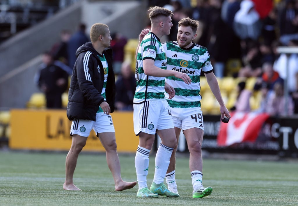 Daniel Kelly and James Forrest of Celtic are seen at full time during the Cinch Scottish Premiership match between Livingston FC and Celtic FC at T...