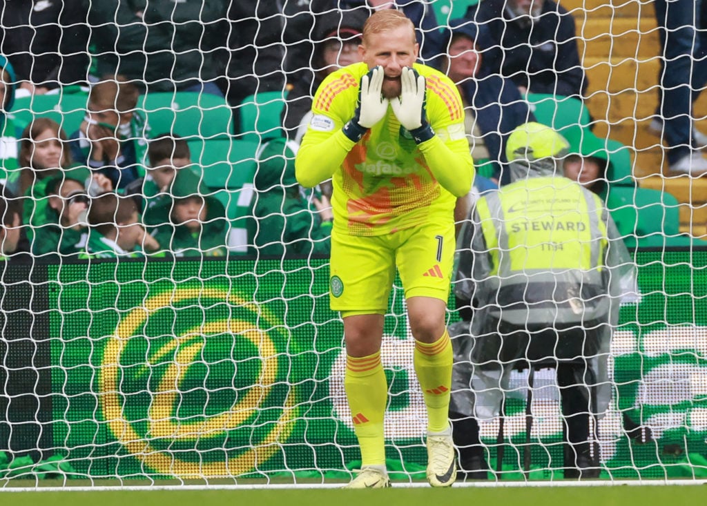 goalkeeper Kasper Schmeichel of Celtic during the cinch Premiership match between Celtic FC and Kilmarnock FC at Celtic Park on August 4, 2024 in G...