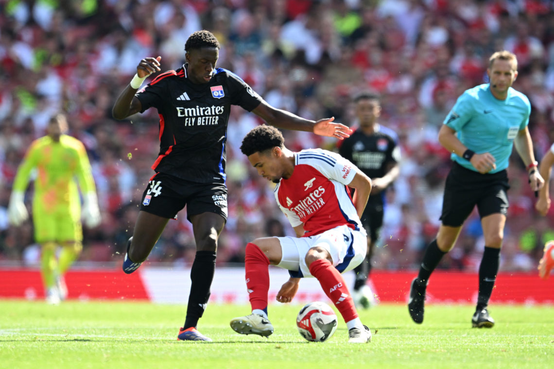 Ethan Nwaneri of Arsenal is challenged by Mahamadou Diawara of Olympique Lyonnais during the Pre-Season Friendly match between Arsenal FC and Olymp...