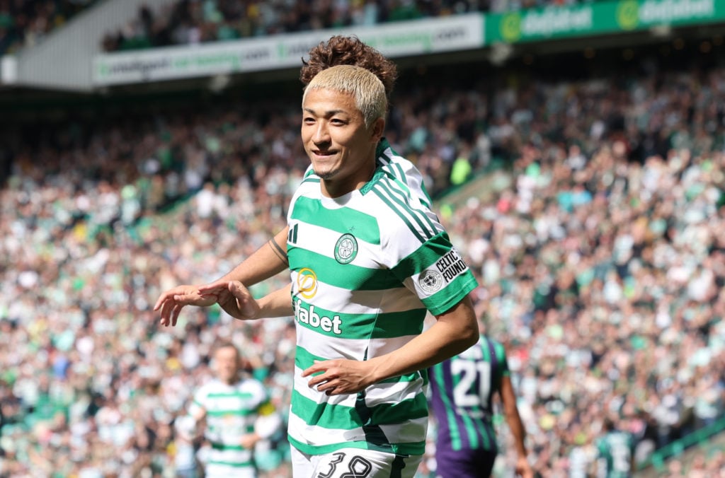 Daizen Maeda scores against Hibernian for Celtic