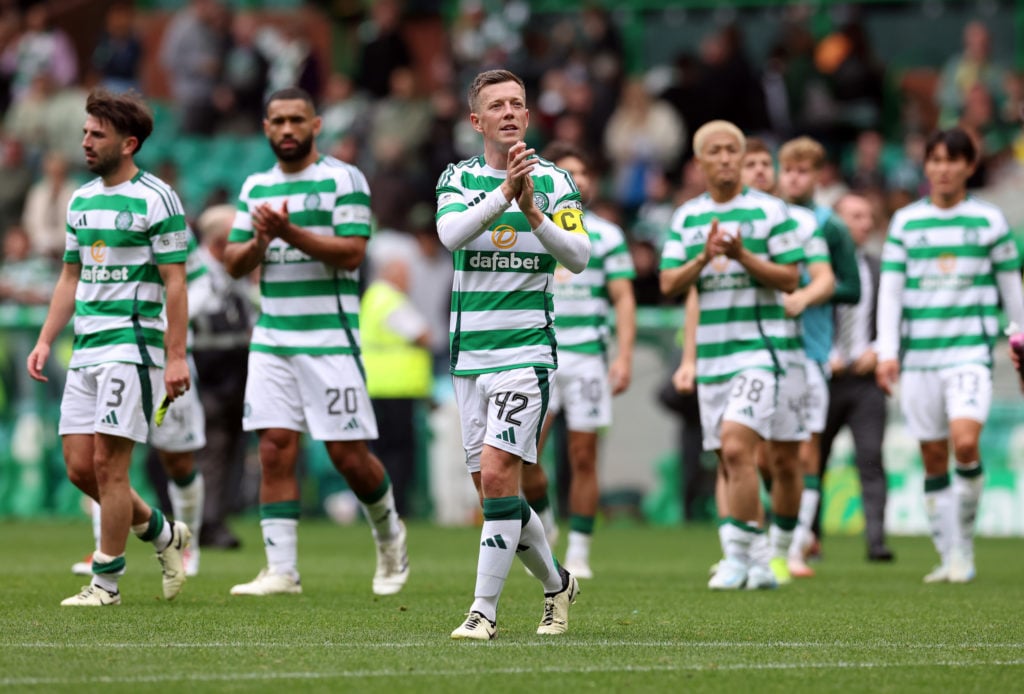 Callum McGregor of Celtic is seen at full time during the Premier Sports Cup match between Celtic and Hibernian at Celtic Park on August 18, 2024 i...