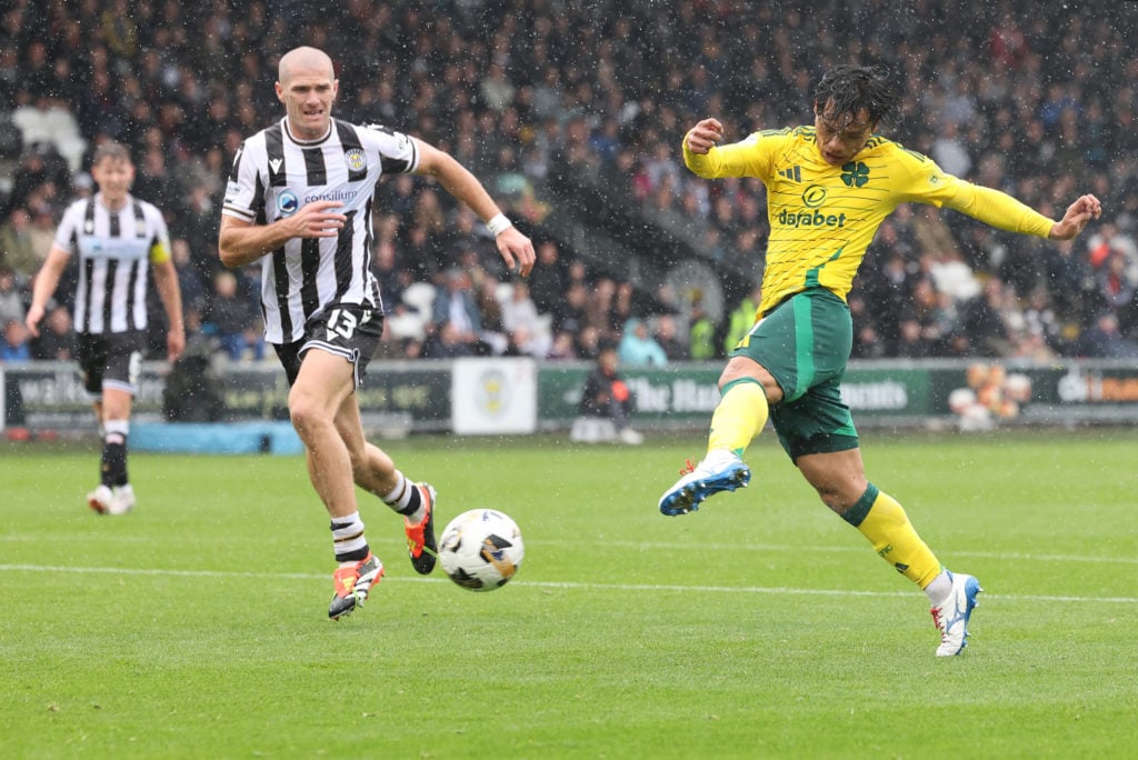 Reo Hatate of Celtic scores his team's second goal during the SPL | Premier League match between St. Mirren FC and Celtic FC at St Mirren Park on A...