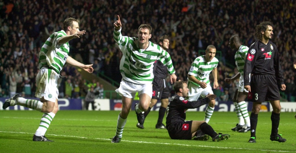 Chris Sutton of Celtic celebrates after scoring the second goal during the UEFA Champions League Group E match between Celtic and Juventus at Celti...