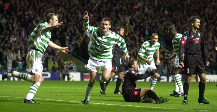 31 Oct 2001:  Chris Sutton of Celtic celebrates after scoring the second goal during the UEFA Champions League Group E match between Celtic and Juv...