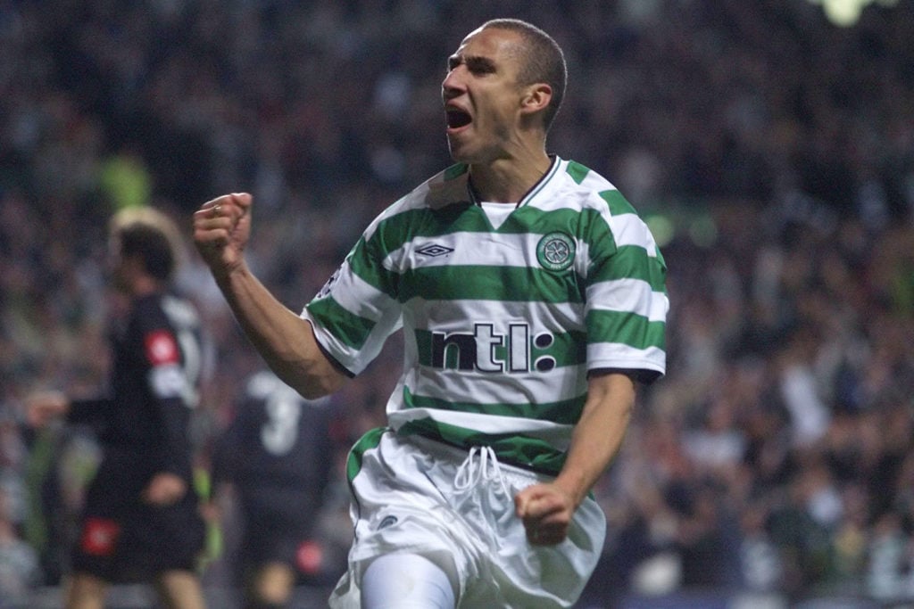 Henrik Larsson of Celtic celebrates scoring his penalty during the Champions League game between Celtic and Juventus at Celtic Park, Glasgow. DIGIT...